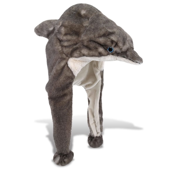 DolliBu Super Soft Dolphin Plush Hat - Winter Hat with Ear Flaps, Animal Hat Costume for Boys and Girls, Dolphin Hat Costume for Halloween, Cosplay Parties, Crazy Beanie Hat for Kids, Teens, Adults