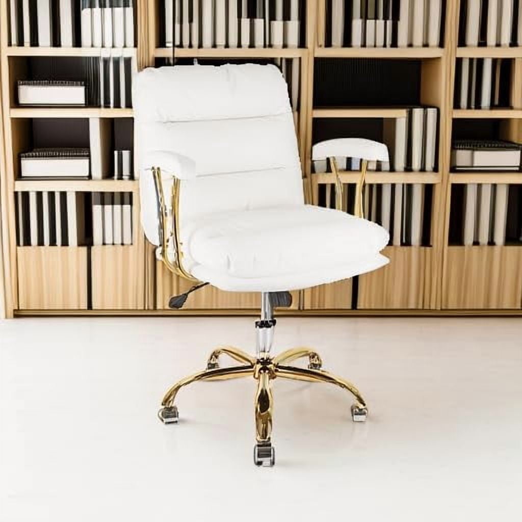 KLASIKA Leather Home Office Desk Chair with Wheels & Armrest, Mid Back Swivel Adjustable Computer Chair for Living Bedroom Office, White/Gold/300LB