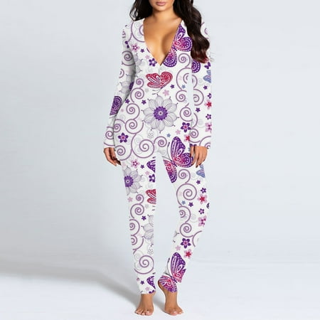 

ELFINDEA Ladies Casual Long-sleeved Printing Detachable Button Flap Adult Pajamas One-piece