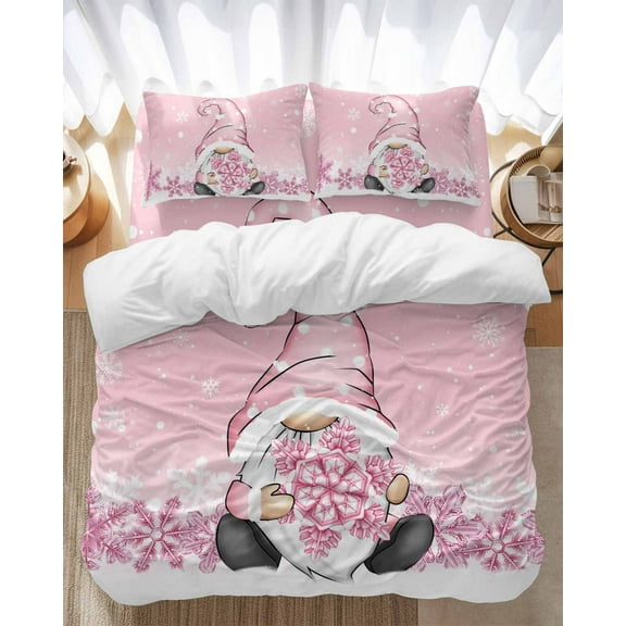 Pink Christmas Bedding Duvet Cover Set Twin Size 4 Pieces Dwarf Snowflake Soft Twill Plush Quilt Cover, Include 1 Duvet Cover 1 Flat Sheet And 2 Pillow