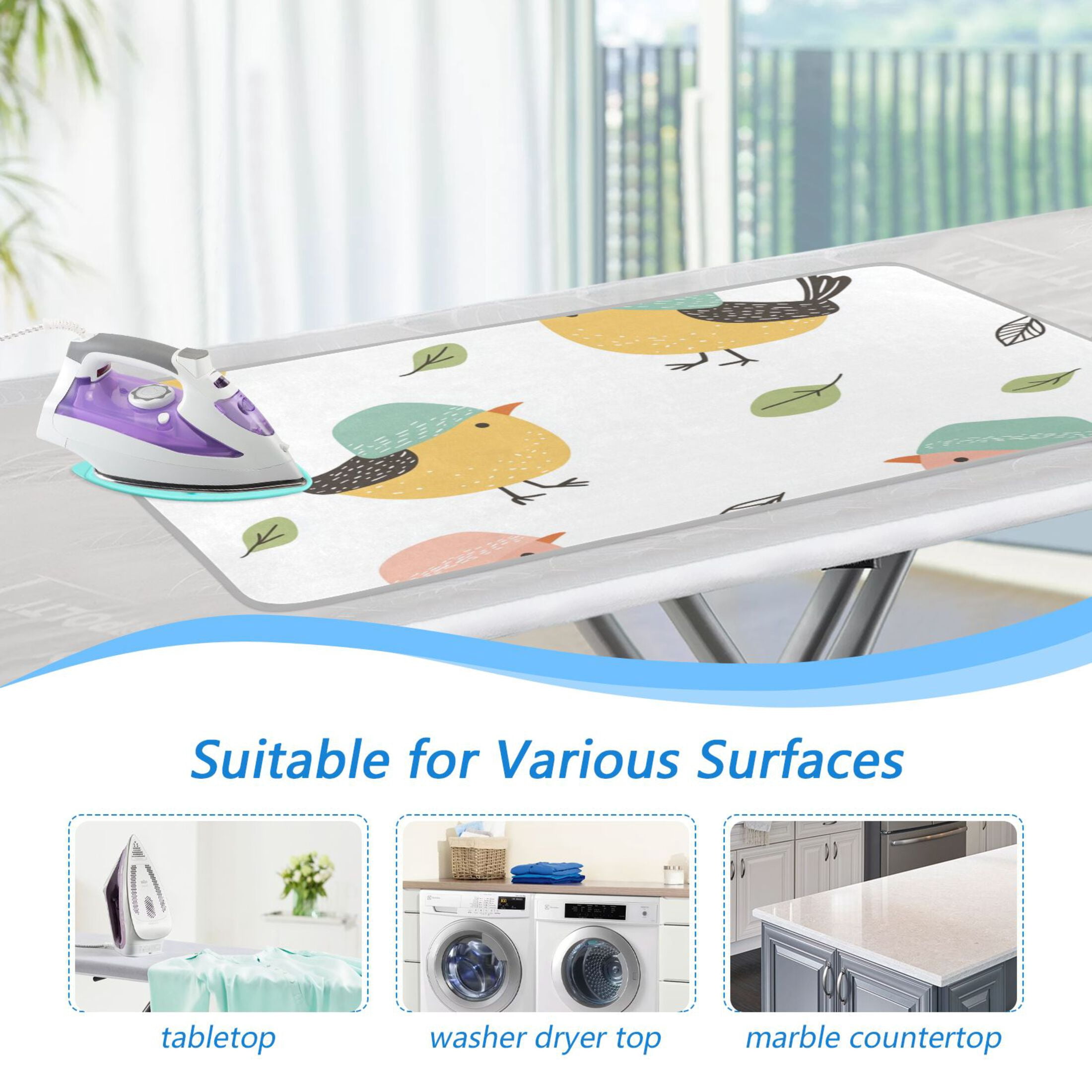 Little Birds with Hats Leaves Ironing Mat Blanket Portable Travel Ironing Pad Heat Resistant Pad 47.2" x 27.6”