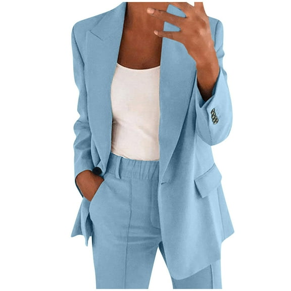 Valora Women Fashion Outfit Women Two Piece Lapels Suit Set for — Formal Jacket and Slim Straight Trousers Business Wear Light Blue 4XL