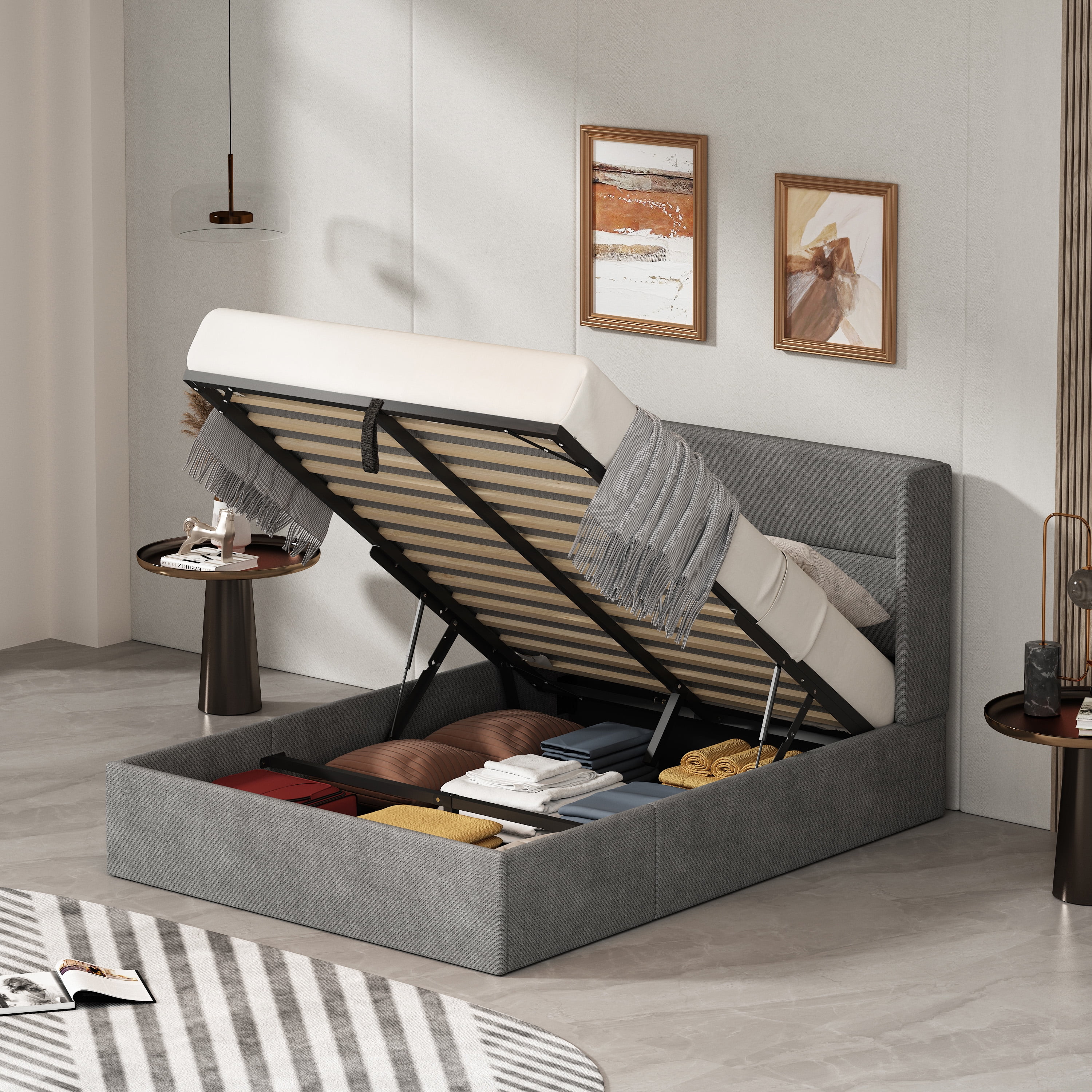 Full Size Lift up Storage Bed, Upholstered Platform Bed Frame with Modern Linen Fabric Wingback Headboard, Wood Slats Support, Noiseless, Easy Assembly, No Box Spring Needed, GRAPHITE