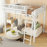 Queen Size Loft Bed with Storage, Metal Loft Beds with Upper Shelf, High Loft Bed Frame with Ladder, Lofted Queen Bed for Teens, White Loft Bed