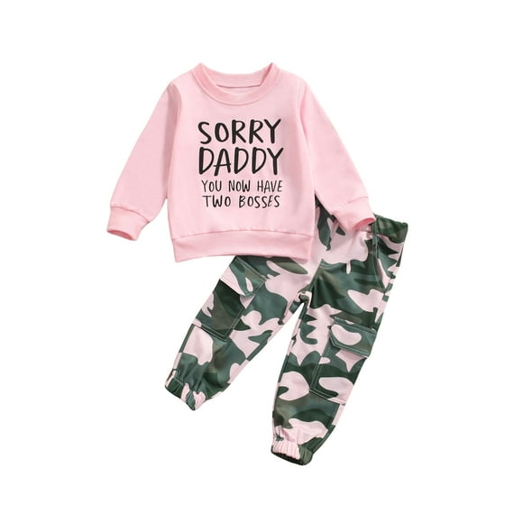 WIFORNT 2 Pcs Infant Casual Outfits, Girls Letter Print Long Sleeve Round Neck Sweatshirt + Camouflage Pants with Pockets