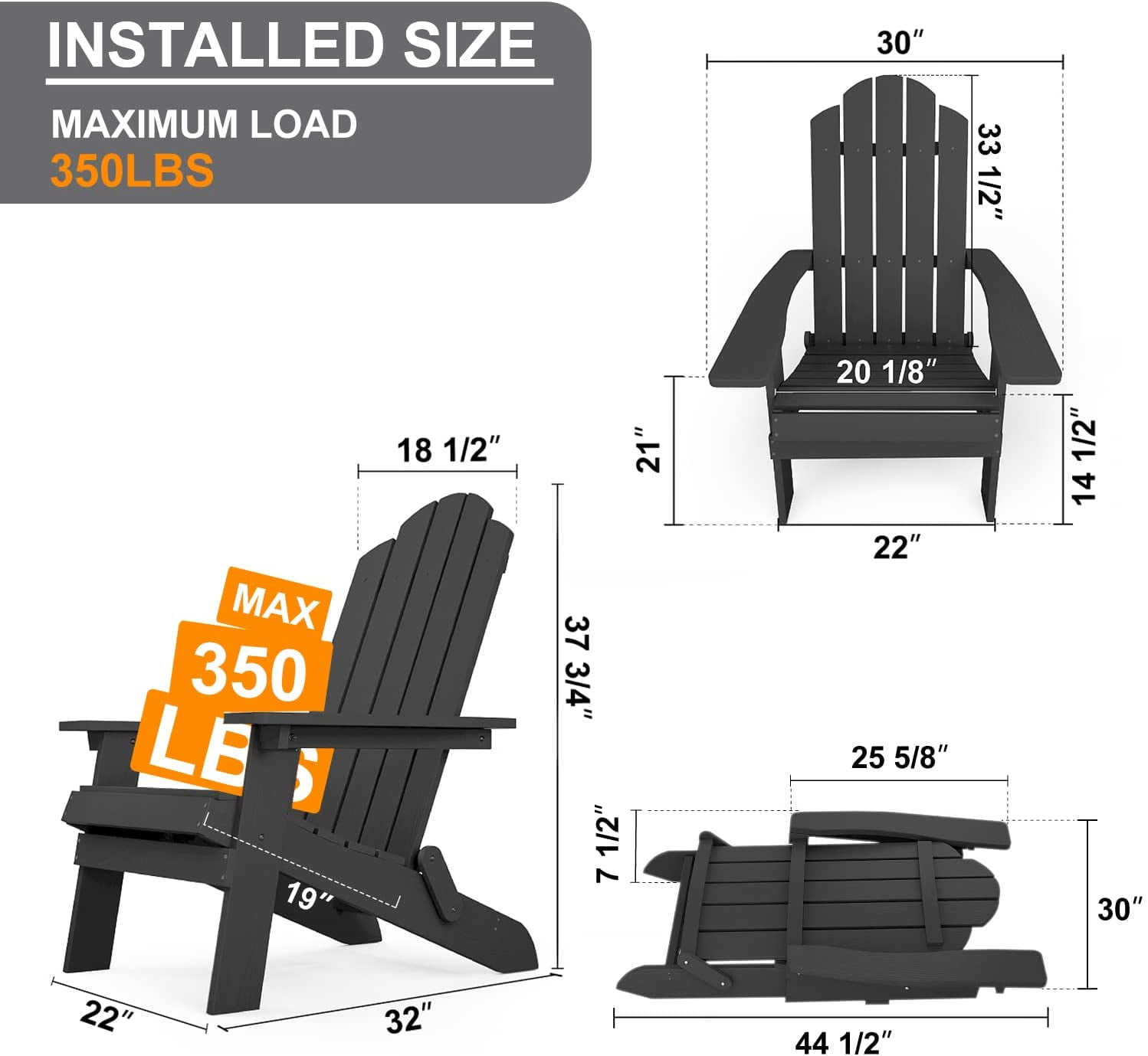 WINSOON Folding Adirondack Chair and Table Set 3 PCS Garden Outdoor Patio, Black Finish
