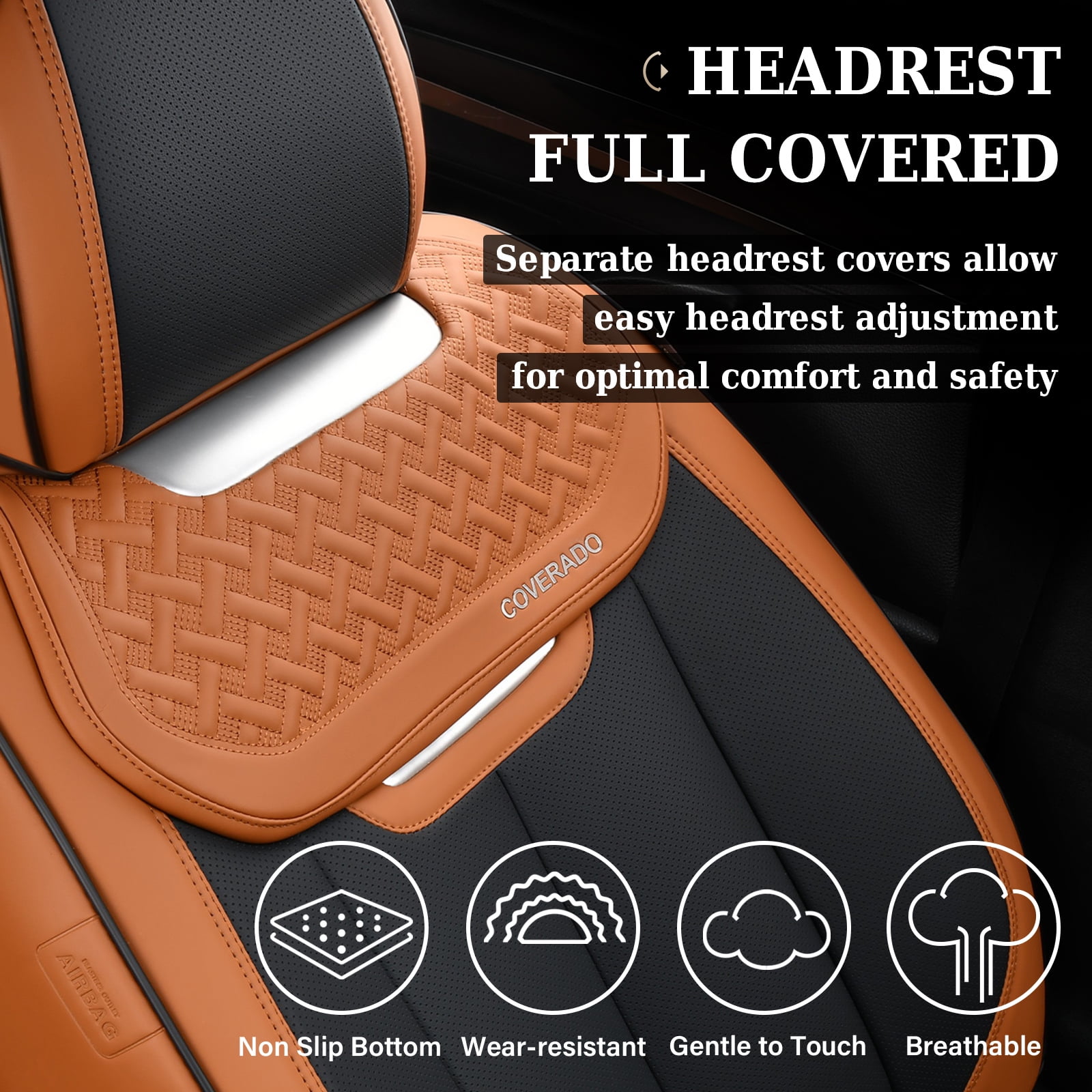 Coverado Car Seat Covers Full Set, Luxury Leather Front and Back Seat Protectors, Automotive Interior Cushions Universal Fit Most Cars, Black&Brown