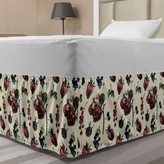 Vintage Bed Skirt, Drawing of Berry Fruits Tasty Vegetarian Food Organic Eating Garden Theme, Elastic Bedskirt Dust Ruffle Wrap Around for Bedding Decor, 4 Sizes, Multicolor, by Ambesonne