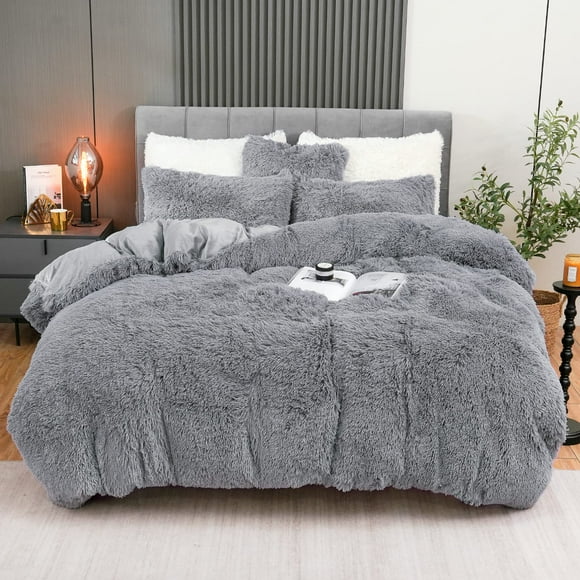Juego de funda de edredón BLEUM CADE Fluffy Plush King Size, gris claro