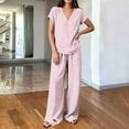 thumbnail image 4 of Ohufall Women's Two Pieces Sets V Neck Short Sleeve Loose Tops + Wide Leg Pocket Lounge Pants Striped Sets, 4 of 5