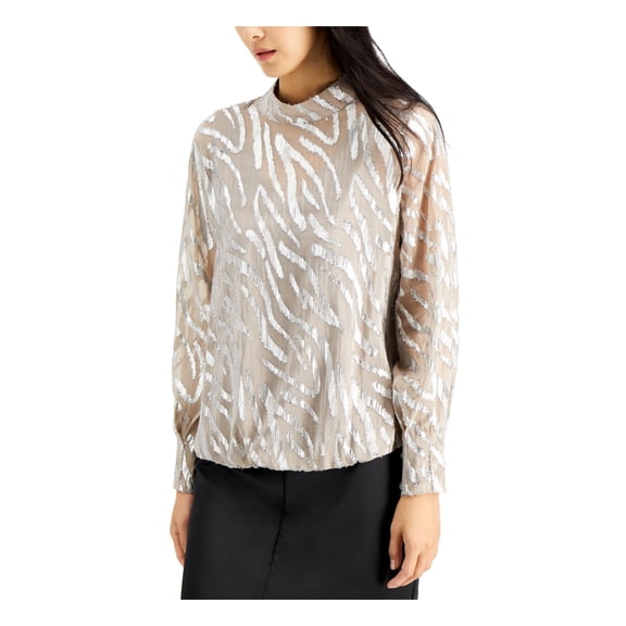 ALFANI Womens Beige Glitter Metallic Mock Neck Long Sleeve Top M