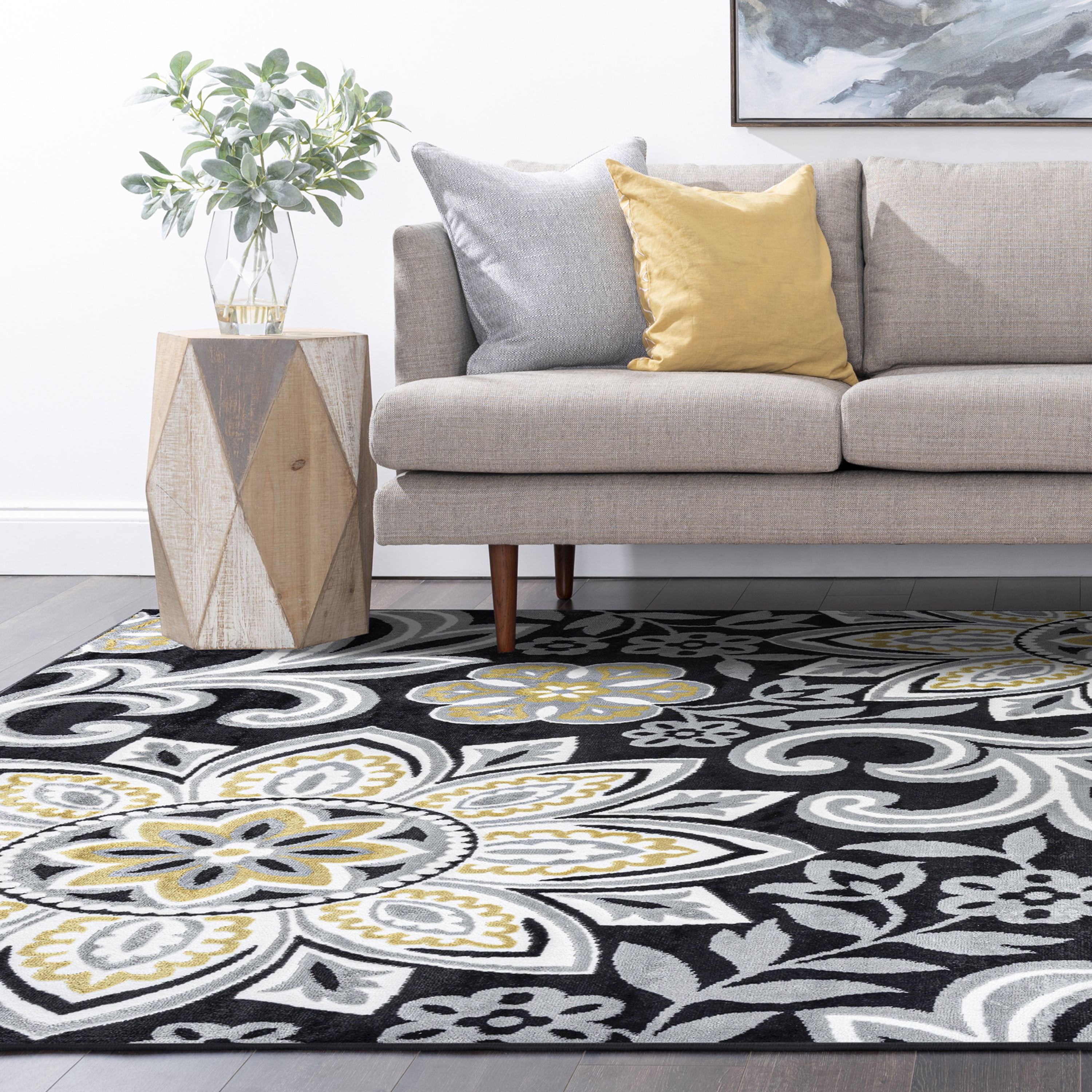 Transitional 5x8 Area Rug (5'3'' x 7'3'') Floral Yellow, Charcoal Living Room Easy to Clean