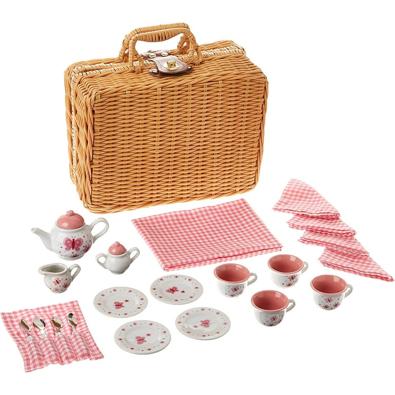 Schylling Butterfly Picnic Basket Tea Set, Kids Pretend Play Party