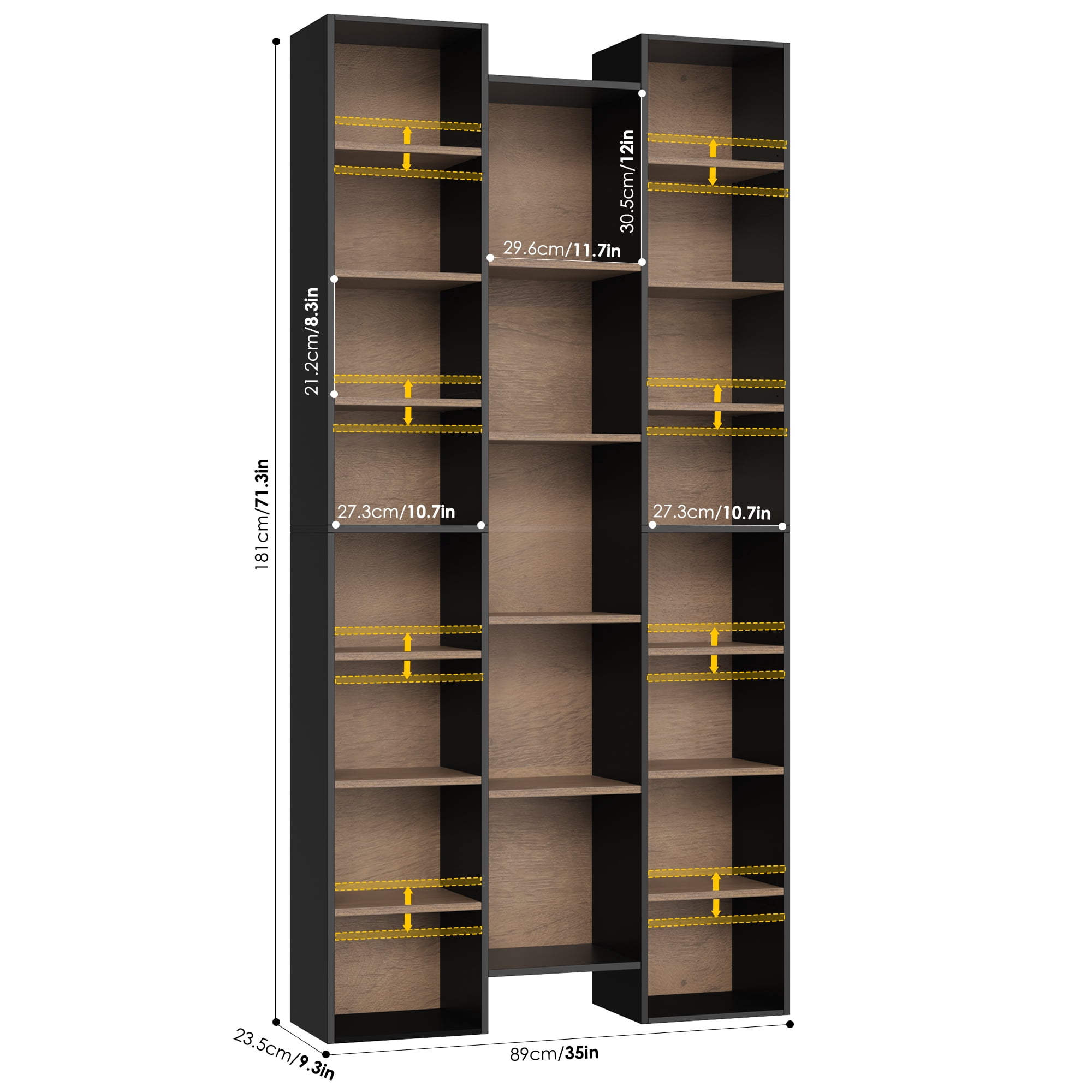 Homfa 21-Cube Bookcase, 71’’ Tall Wooden Bookshelves with Adjustable Shelves, Triple Wide CD Display Storage Organizer Shelf for Home Office, Black+Brown