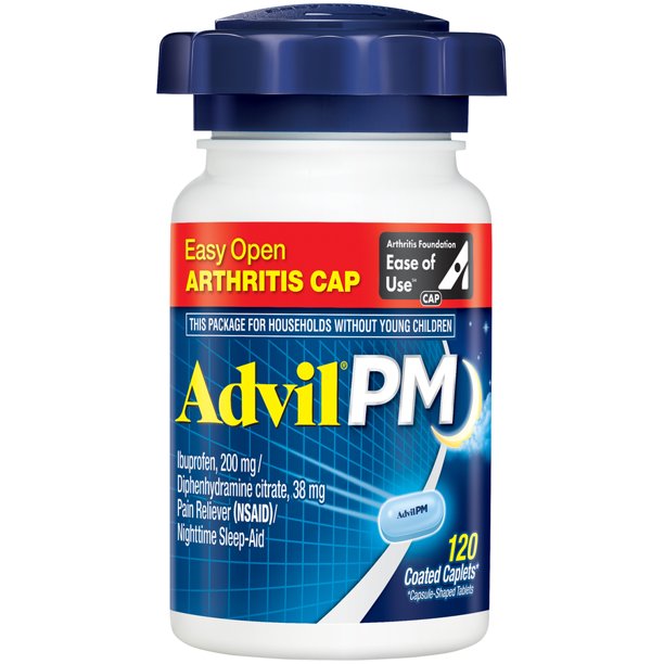 Advil Pm Easy Open Cap 120 Count Pain Reliever Nighttime Sleep Aid Caplet 200mg Ibuprofen 38mg Diphenhydramine