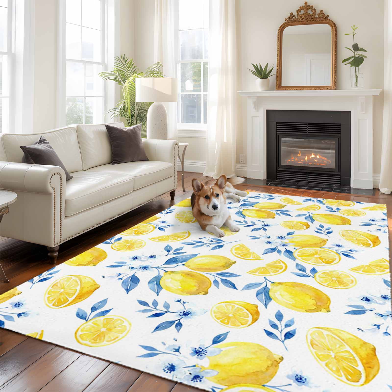 Rectangle Area Rugs 5 x 8 Ft, Watercolor Lemons Non-Slip Residential Carpet, Summer Farmhouse Blue Floral Indoor Crawling Mats Runner Rugs for Living Room/Dining Room/Bedroom