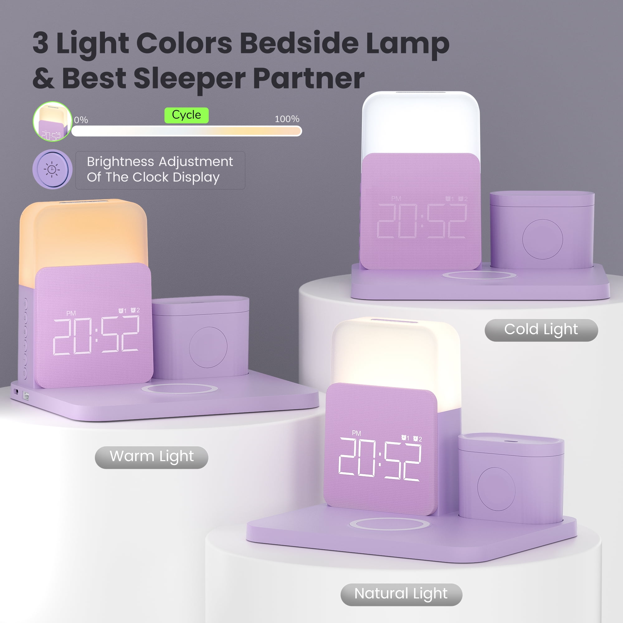 Wireless Charging Station 7 in 1 Compatible for iPhone 17/16/15/14/13/12 Pro Max, Apple Watch & AirPods with Alarm Clock, Night Light Purple
