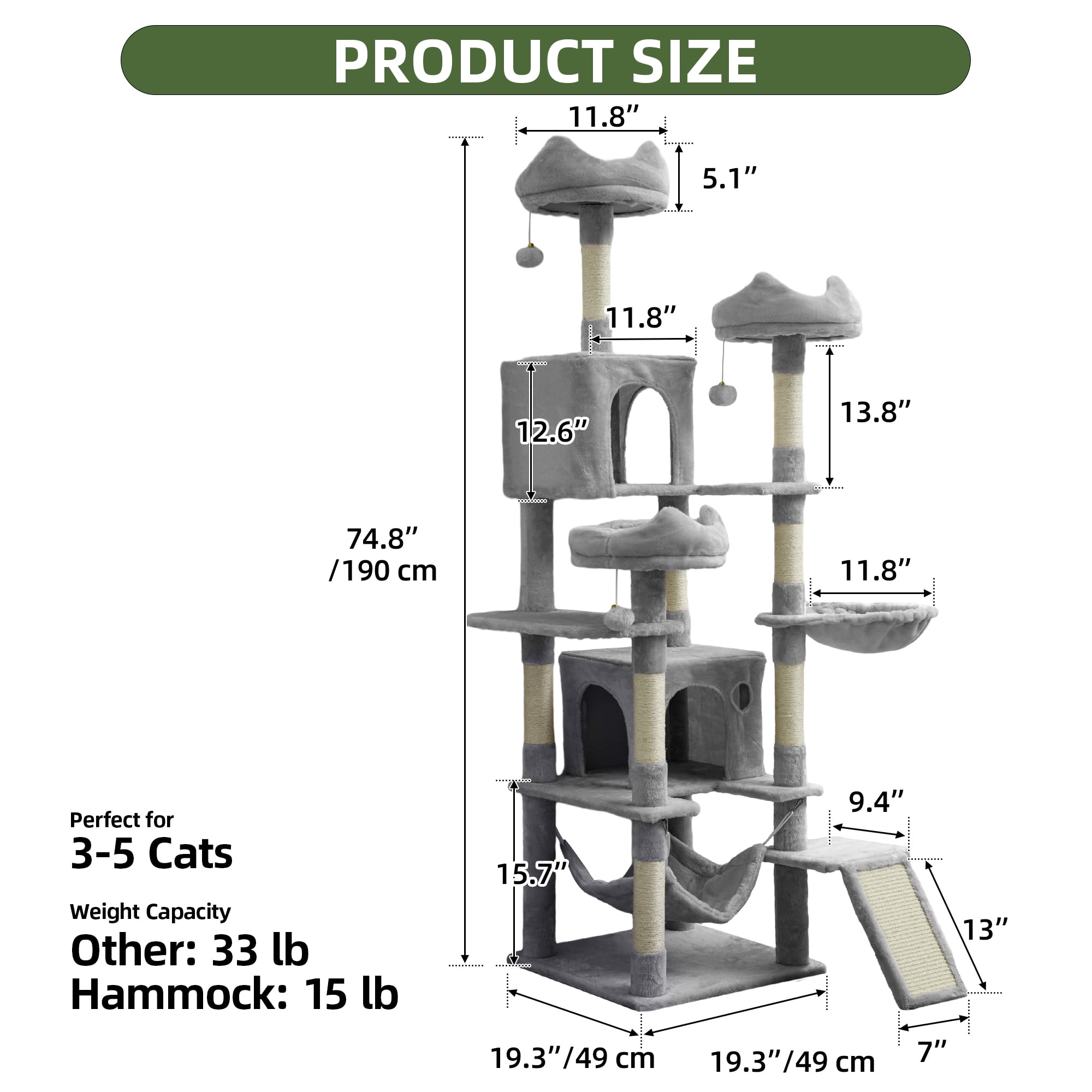 Uforic 75" Multi-Level Cat Tree Tower with Condos, Hammocks, Scratch Posts, Light Gray