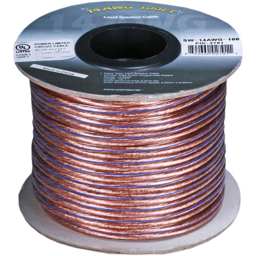 Monoprice Speaker Wire/Cable 100 Feet 14 Gauge AWG 2 Conductor