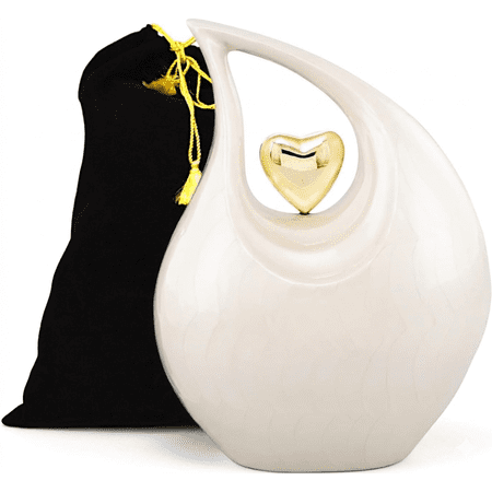 Cherished Memories White Teardrop Metal Cremation Urn with Golden Heart and velvet bag– Large Adult Capacity (140 lbs)