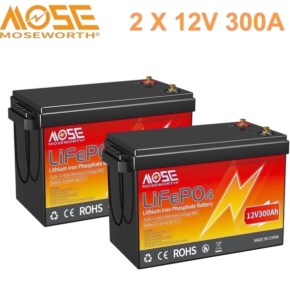 2PACK 12V 300AH Lithium LiFePO4 Battery,MOSEWORTH for RV,Marine,Golf Carts,Solar,Motorhome,Trolling Motor,200A BMS,15000 Deep Cycles,10 Years Lifespan