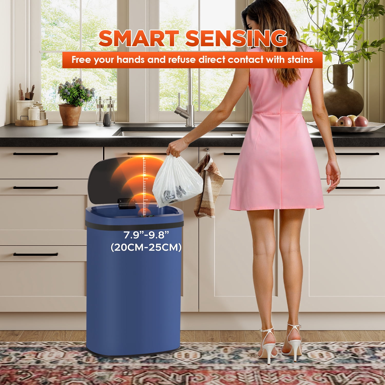 PayLessHere 13Gal Touchless Trash Can - Stainless Steel w/Auto Lid, Deep Blue