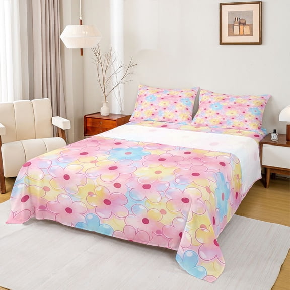 Feelyou Pink Cherry Blossoms Twin Sheet Sets, Cartoon Flower Bedding, 3pcs