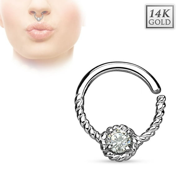 BodyJewelryOnline 16G Septum Ring 14K Solid Gold CZ Braided Piercing Daith Nose Helix Lip Jewelry