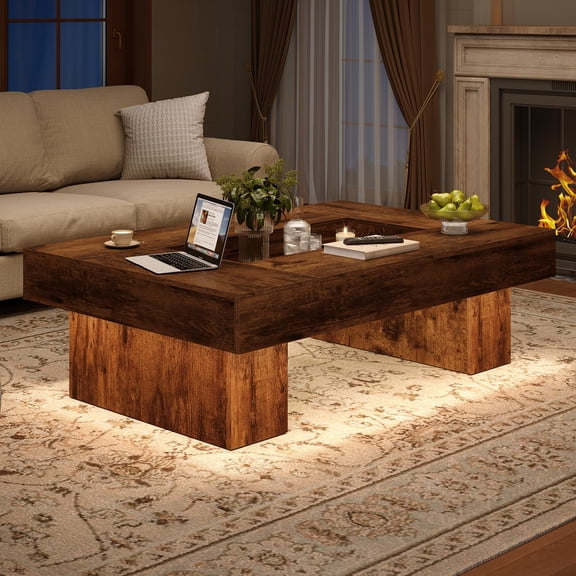 Paasyonmate Coffee Table, 47"x31", Farmhouse RGB LED Sunken Storage Table for Living Room, Brown