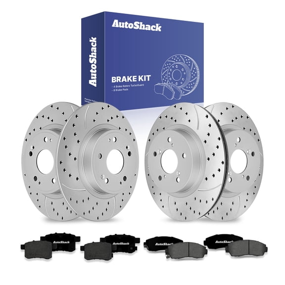 AutoShack Front & Rear Brake Rotors & Premium Pads for Acura, TSX 2011-2014, FWD L4 2.4L V6 3.5L - Coated Drilled & Slotted - Silver Matte Finish - TurboGuard