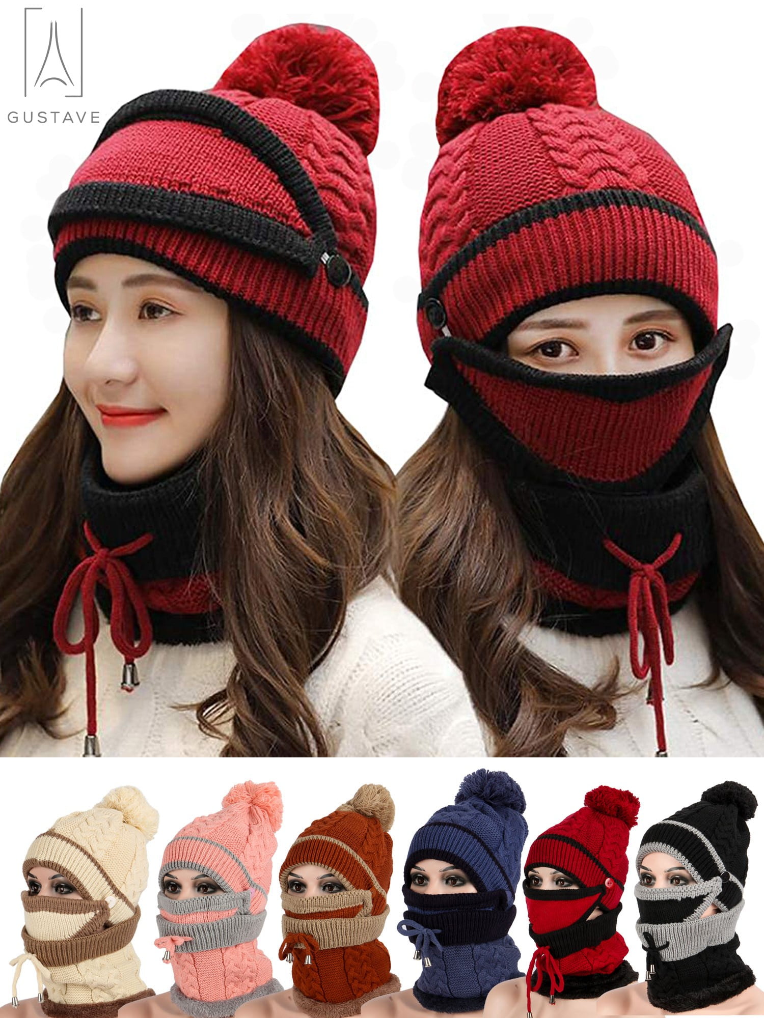 Women Knit 3 Pieces Mask Beanie Caps And Circle Scarf Warm Fleece Hat Set Pink One Size