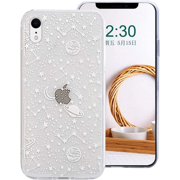 for iPhone XR Unisex Planet Case Luxury Crystal Universe Space Moon Stars Design Soft Silicone Rubber Bumper Slim Fit Protective Cover Clear Case for iPhone XR White
