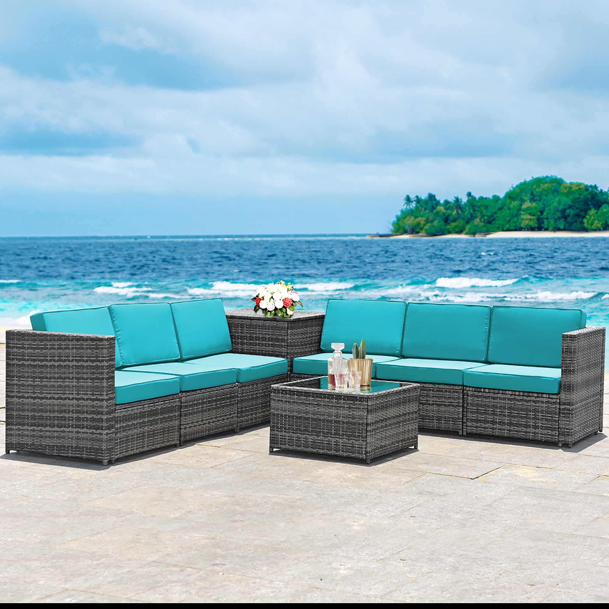 Costway 8 PCS Wicker Sofa Rattan Furniture Set Patio Furniture w/ Storage Table Turquoise