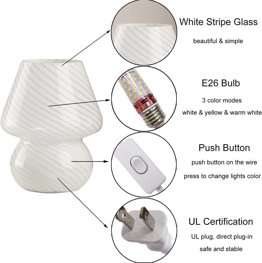 Glass Mushroom Bedside Table Lamp, Yellow Translucent Murano Vintage Style Striped Small Nightstand Desklamp Swirl Light for Home Decor, Dining, Living, Bedroom, Gift