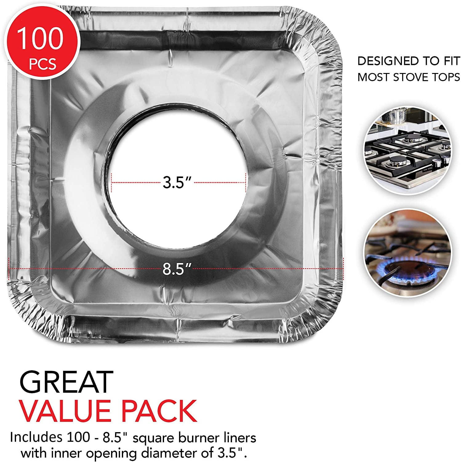 Gas Burner Liners (100 Pack) Disposable Aluminum Foil Square Stove Burner Covers - 8.5 Inch Gas Range Protector Bibs Keep Stove Clean - Foil Liners to Catch Oil, Grease and Food Spills