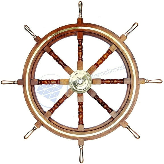 Wooden Ship Wheel (BRASS RING & HANDLE) - (16 Inches)