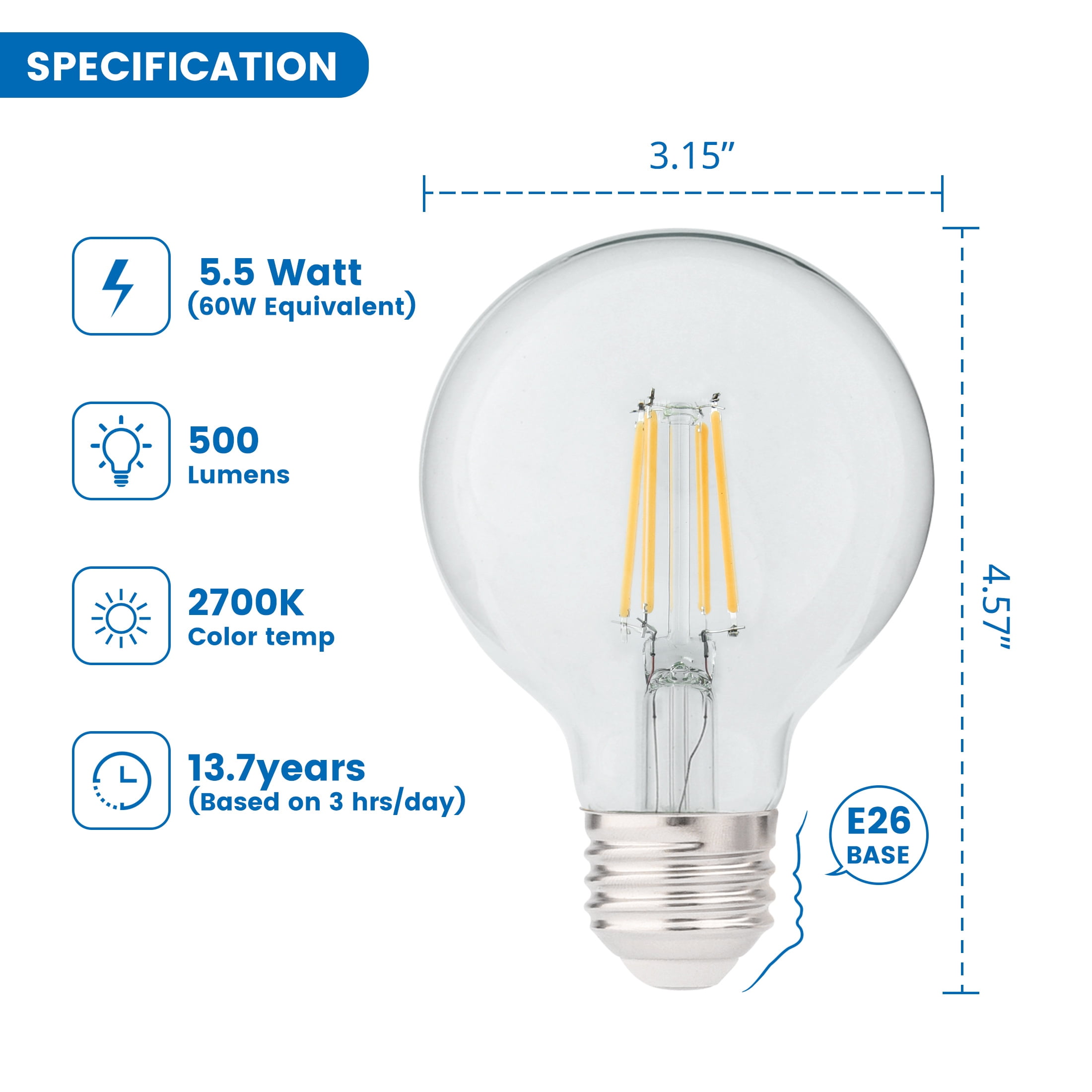 Great Value LED Bulb, 5.5-Watt (60W Equivalent) G25 Deco Bulbs E26 Base, Soft White, 3-Pack, CA