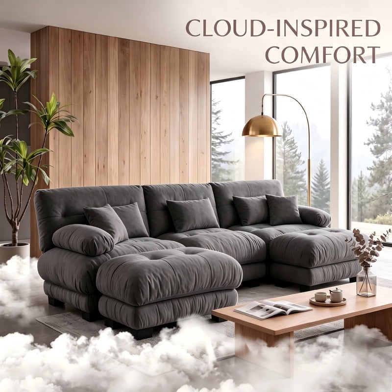 ANPPORT Cloud Couch Sleeper Sofa, Chenille Gray 3-Seater Modular Sofa with 2 Ottomans, 3 Lumbar pillows, 2 Pillows, Comfy Deep Seat Cloud Sofa, Convertible L-Shaped Floor Couch for Living Room