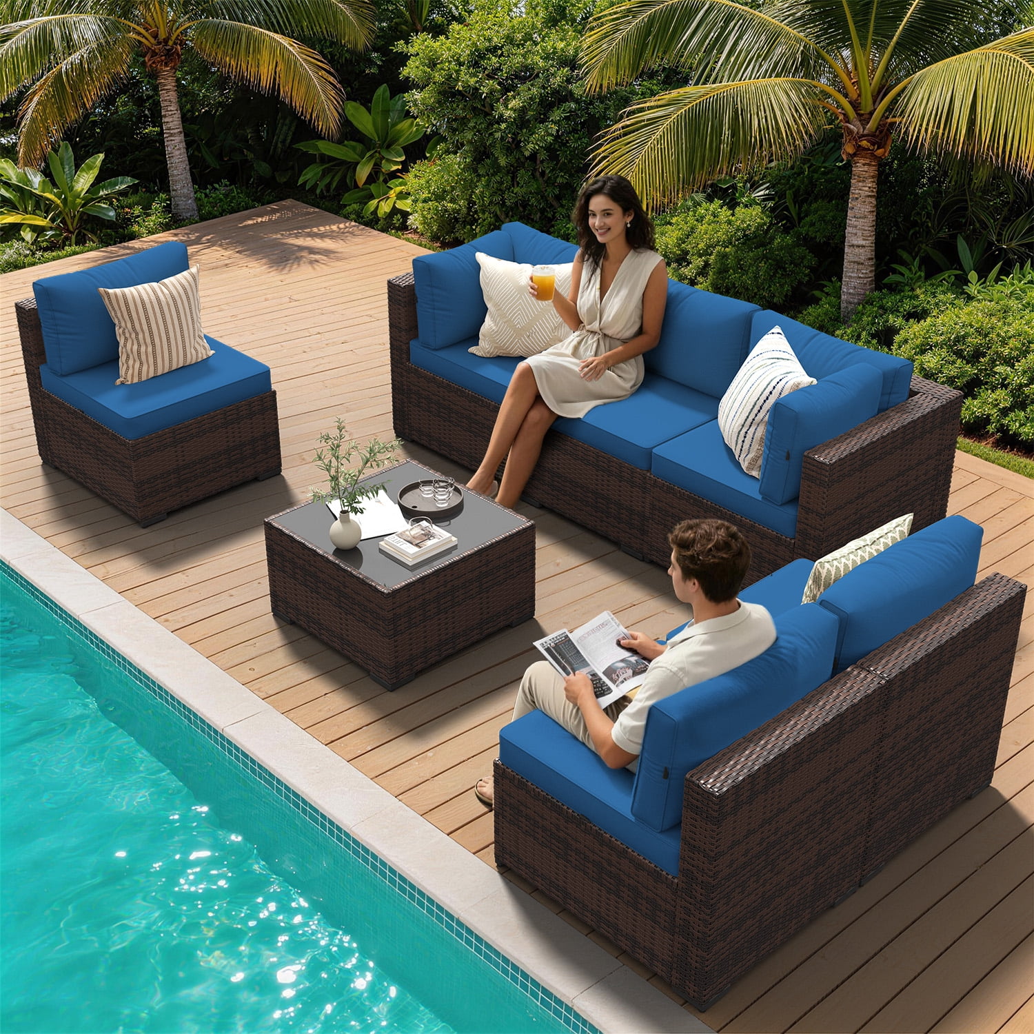 Clouddwell 7 Piece Outdoor Patio Furniture Set, Wicker Rattan Patio Sectional Sofa Set, Blue