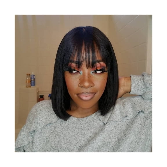 Human Hair Wigs Bob Wigs with Bangs Short Straight Hair Wigs 100% Remy Human Hair None Lac