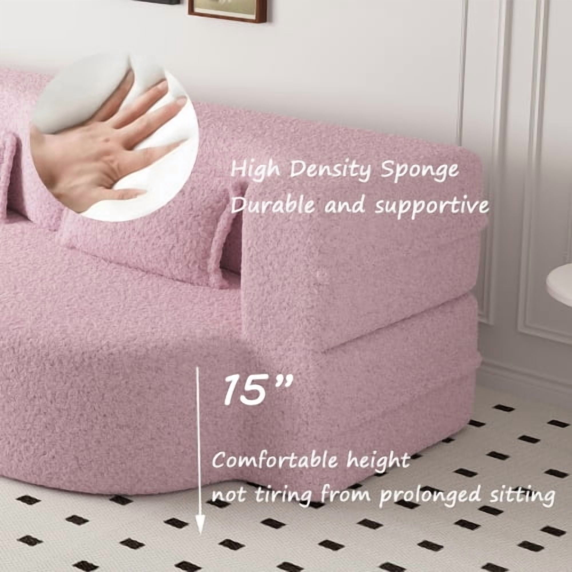 78" Convertible Floor Sofa with 2 Pillows, Sherpa Fleece Foam-Filled Sleeper Bed, Pink