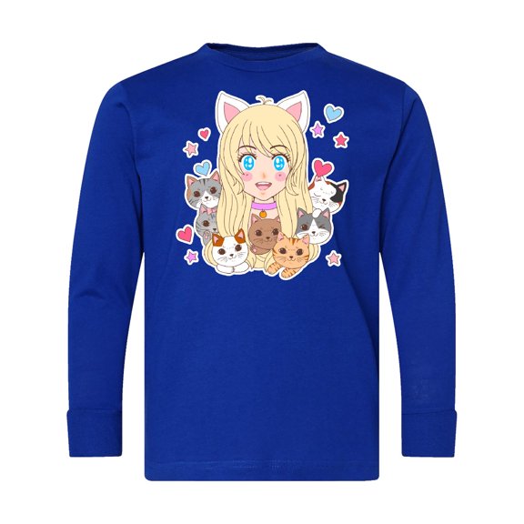 Inktastic Neko Anime Girl with Kittens Long Sleeve Youth T-Shirt
