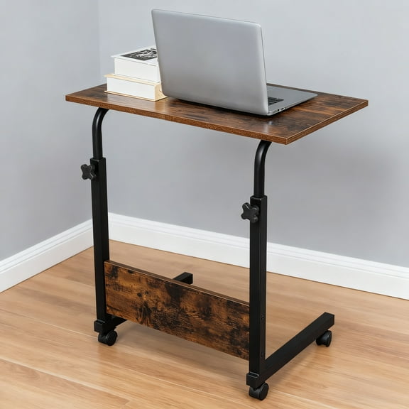 C Shaped Side Table with Wheels , Rolling Desk Adjustable Height for Laptop , Brown