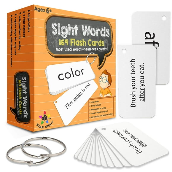 Star Right Cartes Flash Éducatives avec Mots de Vue - 169 Cartes avec Phrases et 2 Anneaux pour Enseigner, Revoir et Pratiquer les Mots de Vue de Base - Idéal pour les Lecteurs Débutants et l'Utilisation en Classe