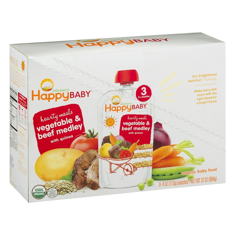 8 Pouches) Happy Baby Organics Hearty Meals Vegetable & Beef Medley With  Quinoa Pouches, 4.0 OZ 