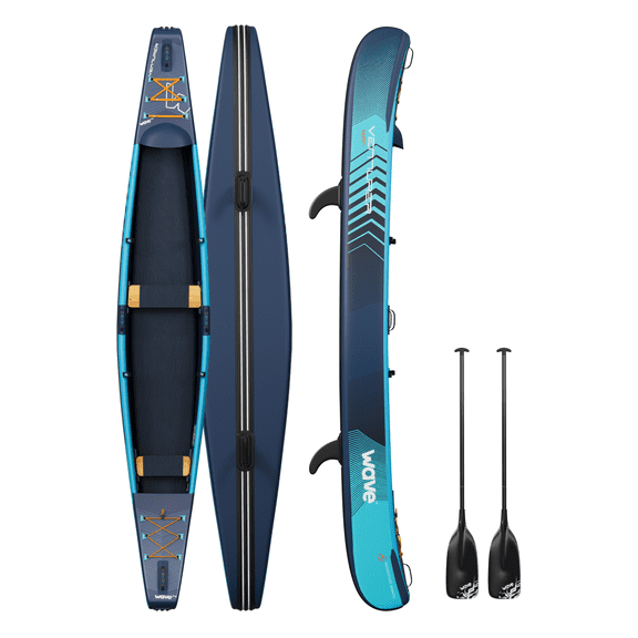 Wave Venturer Inflatable Canoe, 2 Person Drop-Stitch Canoe with Paddles, Pump & Backpack