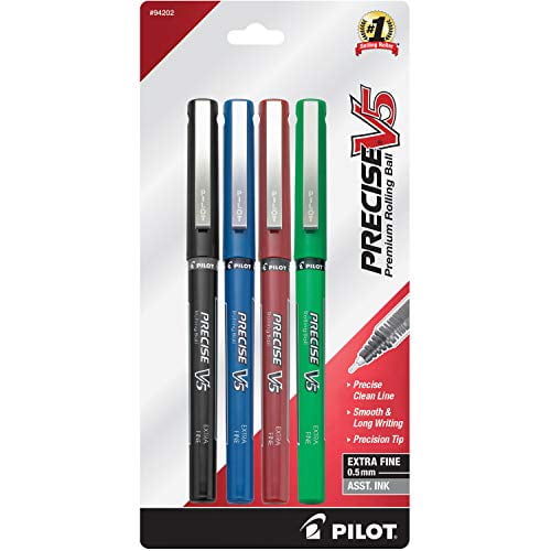 PILOT Precise V5 Stick Liquid Ink Rolling Ball Stick Pens, Extra Fine Point (0.5mm) Black/Blue/Red/Green Inks, 4-Pack (94202)
