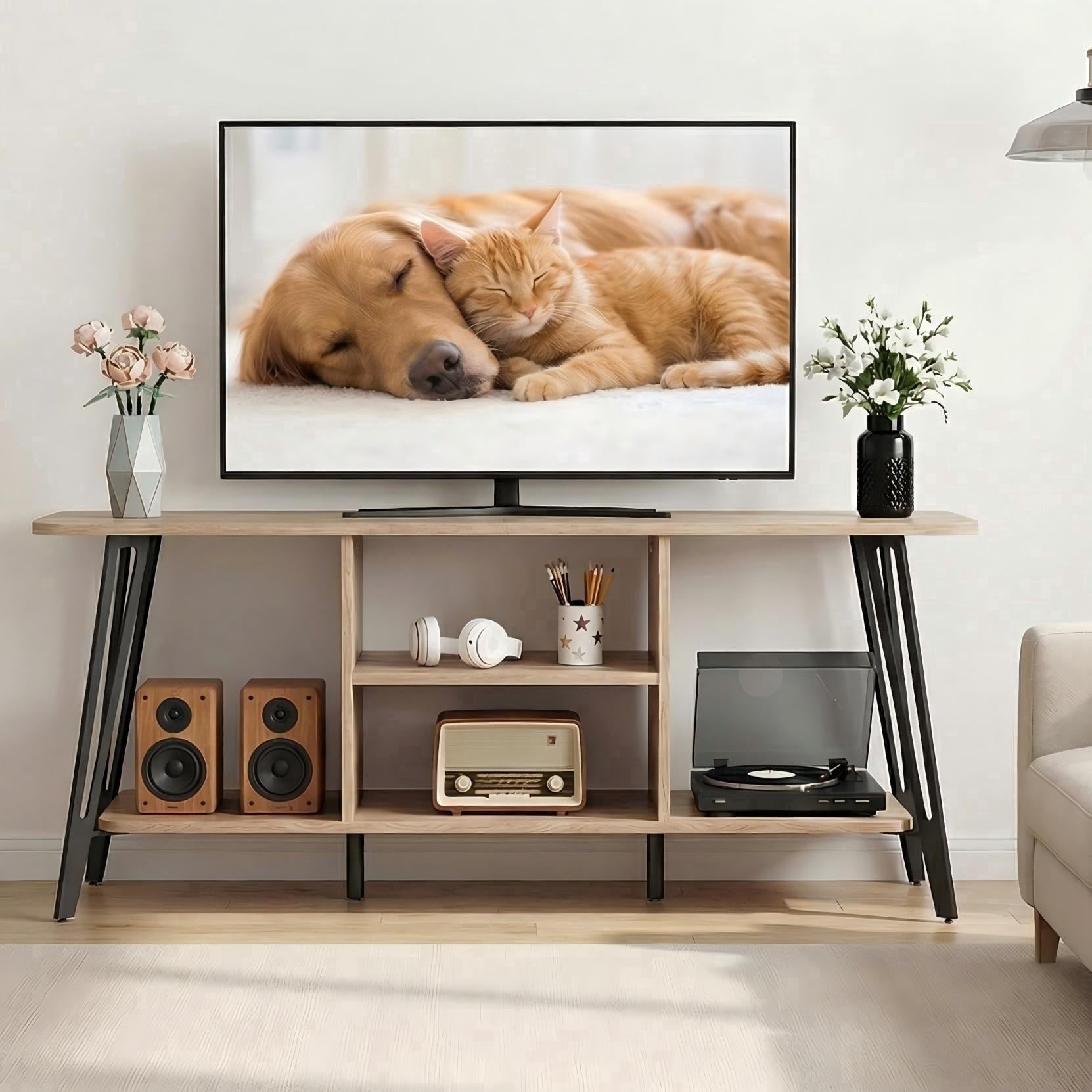 Manxile Mid Century Modern TV Stand for TVs up to 55", Entertainment Center with 2 Open Storage Shelves, Natural