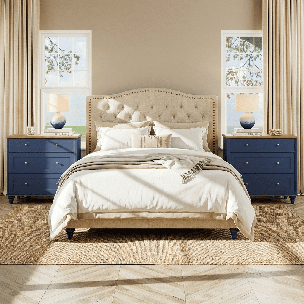 Navy Blue End Table with 3 Drawers, Large Wood Bedside Table Night Stand, Wide Sofa Side Table 3 Drawers for Living Room, Bedroom, 2 PCS