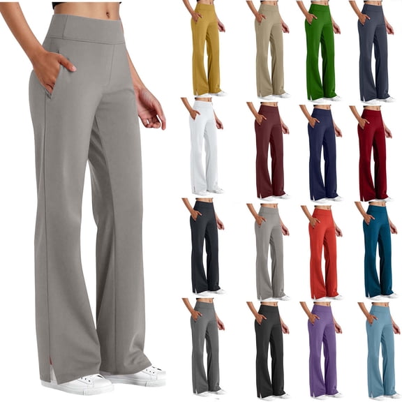 Women’s High Waisted Wide Leg Yoga Pants with Side Slit, Stretch Dress Pants Casual Business Work Trousers with Pockets, Loose Fit Athletic Lounge Pants for Office Travel Workout